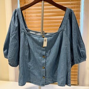 Old Navy Denim Button Puff Sleeve Blouse 2x NWT